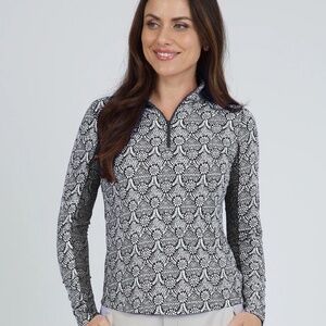 IBKUL Leslie Black & White Mock Zipper Long Sleeve Top 50 SPF NWT Size Medium